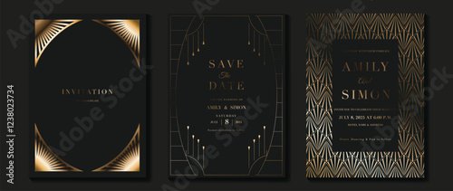 Luxury invitation card background vector. Golden elegant wavy gold line pattern on black background. Premium design illustration for wedding, vip cover template, grand opening, flyer.
