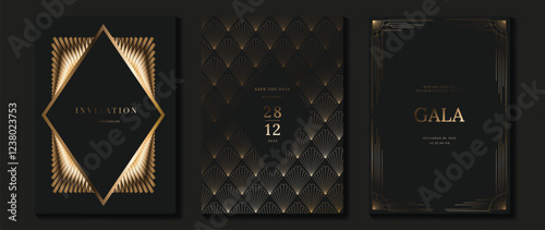 Luxury invitation card background vector. Golden elegant wavy gold line pattern on black background. Premium design illustration for wedding, vip cover template, grand opening, flyer.