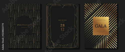 Luxury invitation card background vector. Golden elegant wavy gold line pattern on black background. Premium design illustration for wedding, vip cover template, grand opening, flyer.