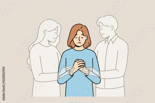 Souls of dead parents support older girl, who is orphan due to death of loved ones in disaster. Souls mom and dad stand near praying lady, feeling grief after accident that caused long-term depression