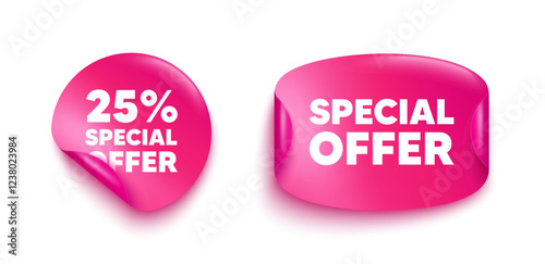 Discount sticker banner. Paper price label. 25 percent discount offer tag. Sale price promo sign. Special offer symbol. Paper sticker with message. Offer label banner. Vector