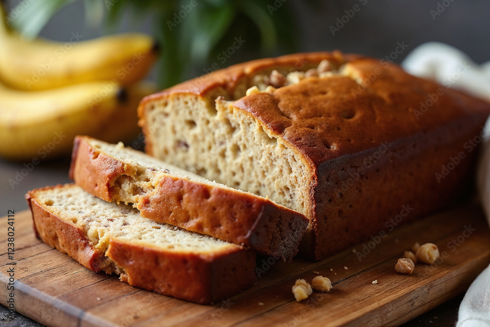 Homemade Banana Nut Bread with Rustic Wooden Setting Homemade Banana Nut Bread with Rustic Wooden Setting