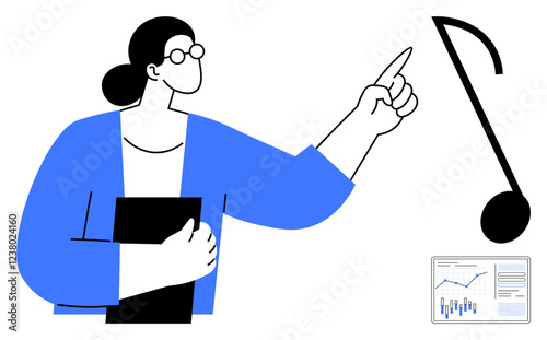 Woman with glasses holding a folder, pointing at a large musical note digital chart of graphs and statistics in the corner. Ideal for education, music, teaching, presentations, analysis, technology
