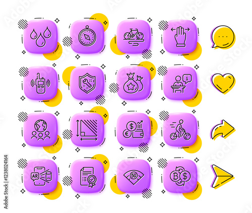 Augmented reality, Waterproof and Transmitter line icons. App 3d buttons. Social media comment, share, like icons. Pack of Podium, Cyclist, Certificate icon. Vector