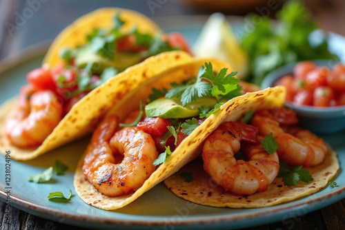 Fresh Shrimp Tacos with Vibrant Toppings on Teal Plate
