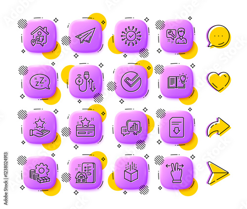 Product knowledge, Charging cable and Loyalty card line icons. App 3d buttons. Social media comment, share, like icons. Pack of Work home, Graph chart, Paper plane icon. Vector