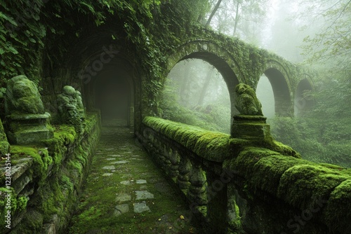 Moss-covered stone bridge and arches in enchanted foggy forest setting