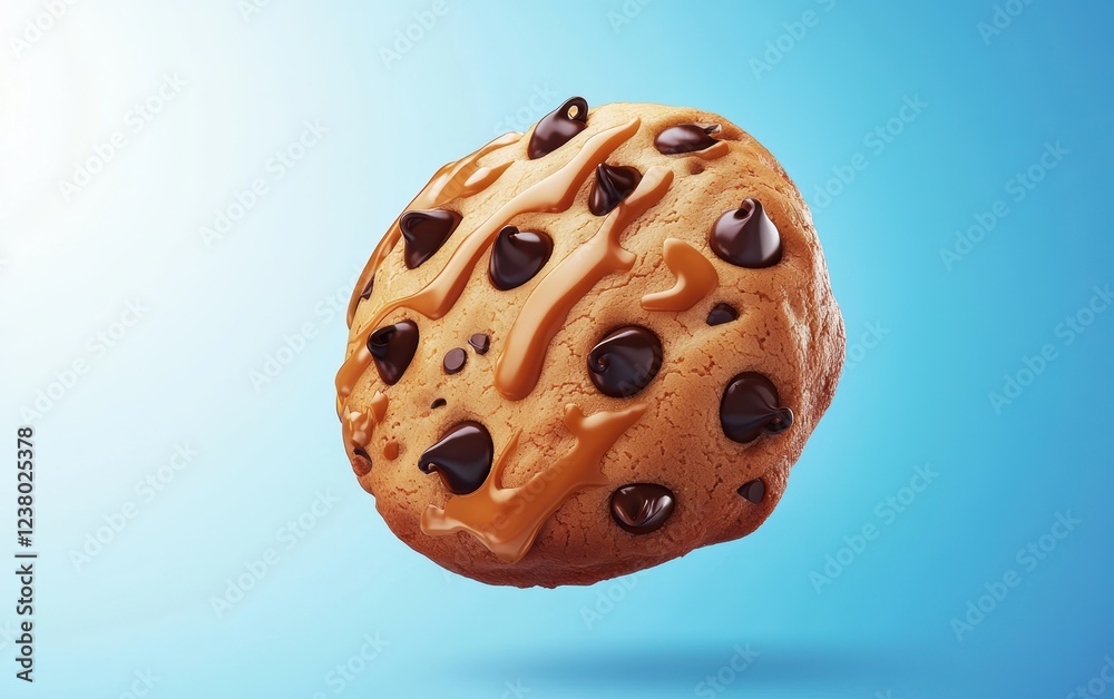 Fototapeta premium Flying chocolate chip cookie with caramel drizzle on a blue-to-white gradient background