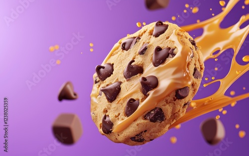 Flying chocolate chip cookie with caramel splashes on a vivid purple background photo