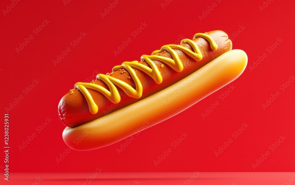 Flying corndog with mustard drizzle on a bold red background Flying corndog with mustard drizzle on a bold red background