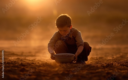 A boy crouched in a dusty field, his body low to the ground, holding a bowl with one hand while the other hand gathers soil. 