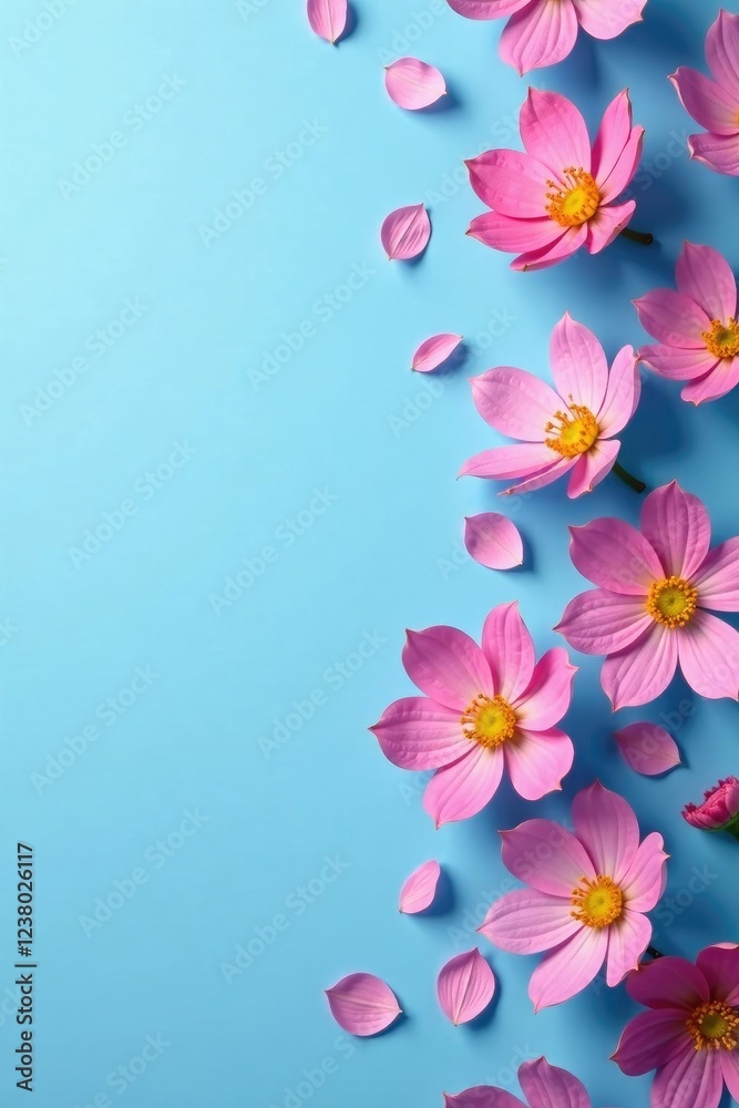 Fototapeta premium Minimalist blue background with scattered pink flowers, serene, petal, blue