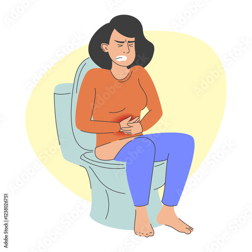 Woman sitting on toilet and suffering from diarrhea vector isolated. Pain in belly. Female person with abdominal pain. Stomach ache. Character with constipation.