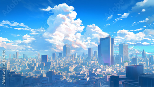 近未来都市の空｜クリアな青空と高層ビル群