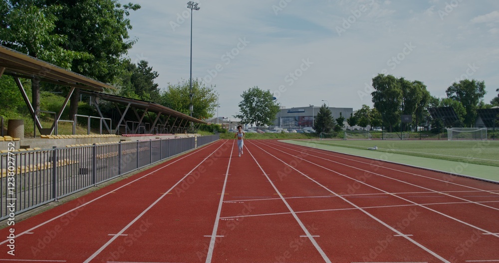 Obraz premium A woman in sports clothes and with earphones in her ears runs at the stadium on a summer day