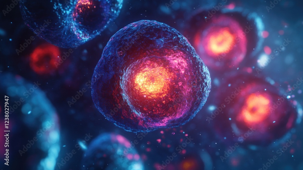 Naklejka premium Close-up of vibrant cells showcasing biological structures and processes.