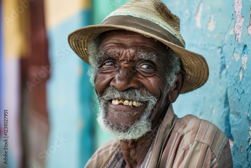 Portrait of a cheerful senior cuban man with a big smile, wearing a straw hat, enjoying his time in cuba