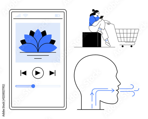 Mobile app for meditation, woman shopping online with smartphone, profile view of a person practicing mindful breathing. Ideal for health tech, digital wellness, relaxation, self-care, e-commerce