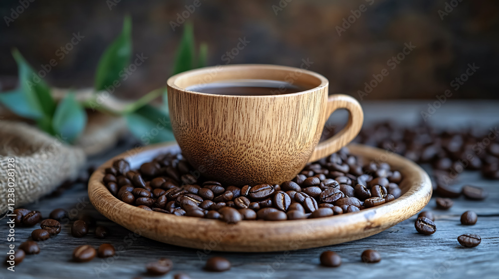 A wooden cup filled with coffee beans. A wooden cup filled with coffee beans.