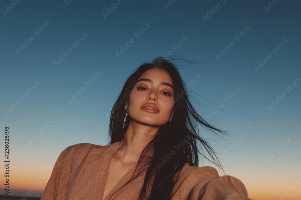 Fototapeta premium Serene woman posing against sunset sky