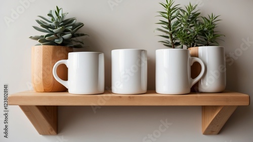 Wallpaper Mural Four white mugs and potted plants on a wooden shelf create a cozy kitchen atmosphere in a bright, minimalistic space Torontodigital.ca