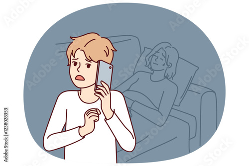 Flustered boy calls 911 and tells doctor symptoms of sick mom in need of medical attention. Sick woman lies on couch next to son with mobile phone trying to call hospital staff for help
