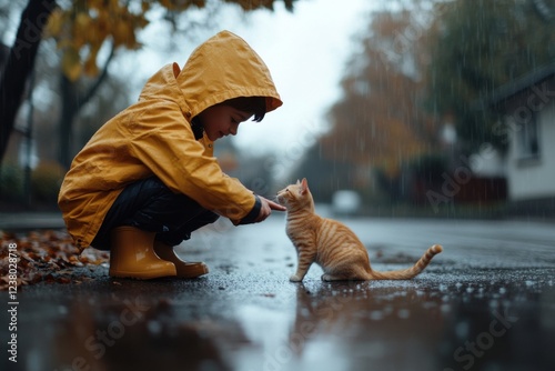 Child in yellow raincoat befriending a kitten in the rain photo