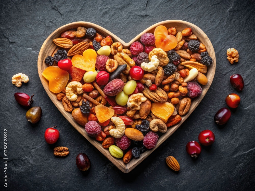Macro photography reveals the textures of dried fruits and nuts arranged artfully on a heart-shaped plate, dark background. Macro photography reveals the textures of dried fruits and nuts arranged artfully on a heart-shaped plate, dark background.