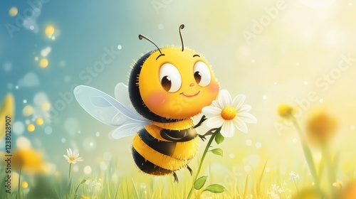 Adorable bee cartoon holding a flower and winking, perfect for kids illustrations