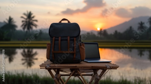 Rustic Bamboo Workspace Laptop and Backpack in Keralas Tranquil Rice Paddies at Sunset - Remote Work Solutions and Eco-Friendly Digital Nomad Inspiration photo