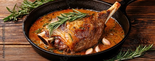 Chef's experimental recipe concept. A beautifully roasted leg of lamb sits in a skillet, garnished with fresh rosemary and surrounded by savory broth.