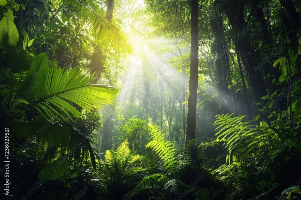 Obraz premium Sunlight streaming through lush green tropical rainforest foliage