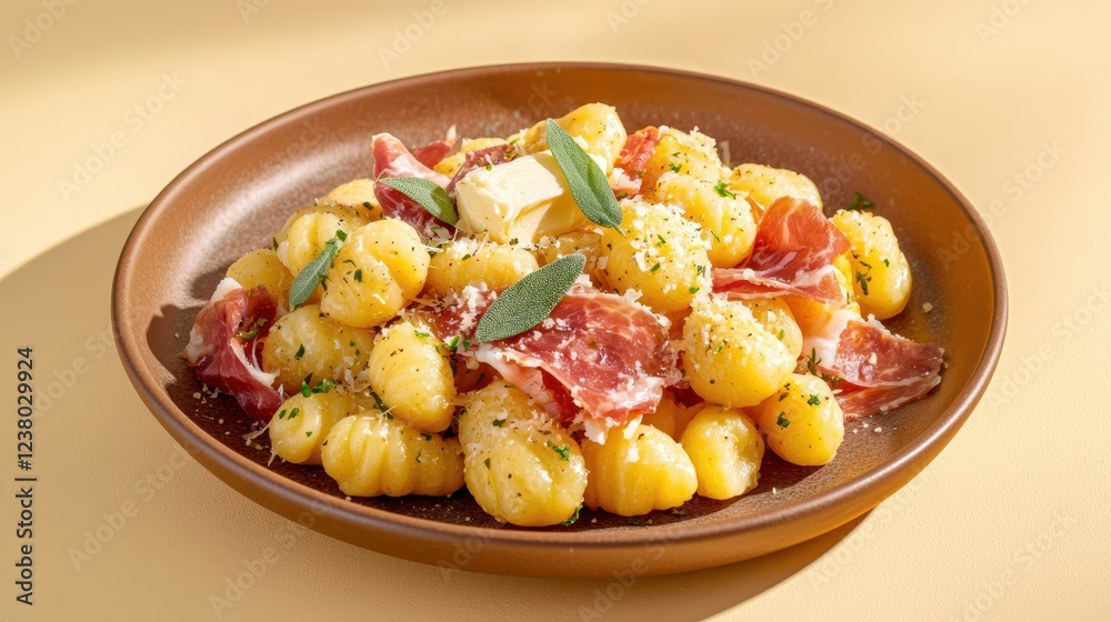 Chef's experimental recipe concept. A delicious plate of gnocchi topped with prosciutto, sage, and cheese, set against a warm, inviting background. Chef's experimental recipe concept. A delicious plate of gnocchi topped with prosciutto, sage, and cheese, set against a warm, inviting background.