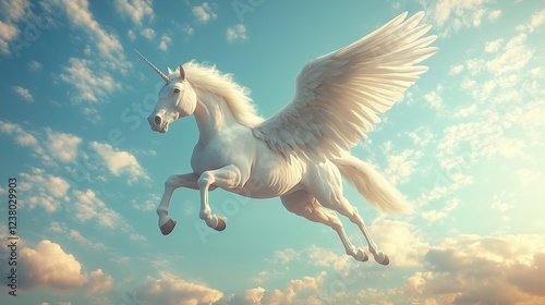 Fantasy winged unicorn in flight against a blue sky with clouds