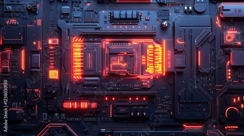 A high-tech motherboard with glowing circuits pulsing like a heartbeat, futuristic and precise,