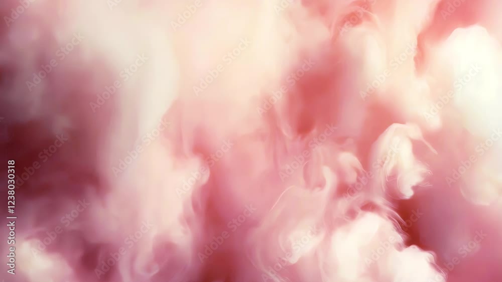 Digital animation of pink cotton candy clouds. The clouds move freely in a pink and white palette. Light accents enhance their lightness and add a sense of magic