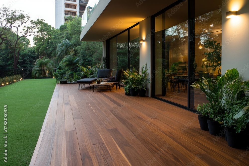 Modern patio with wooden deck and lush greenery