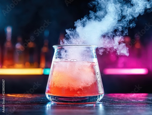 Chef's experimental recipe concept. A vibrant cocktail with swirling steam, set against a colorful bar backdrop, creating a visually striking and intriguing atmosphere.