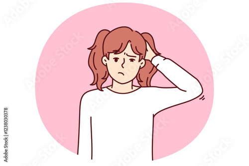 Confused little girl scratching head and looking at screen not knowing right answer to question or trying to make difficult choice. Confused child teenager guilty having committed prank