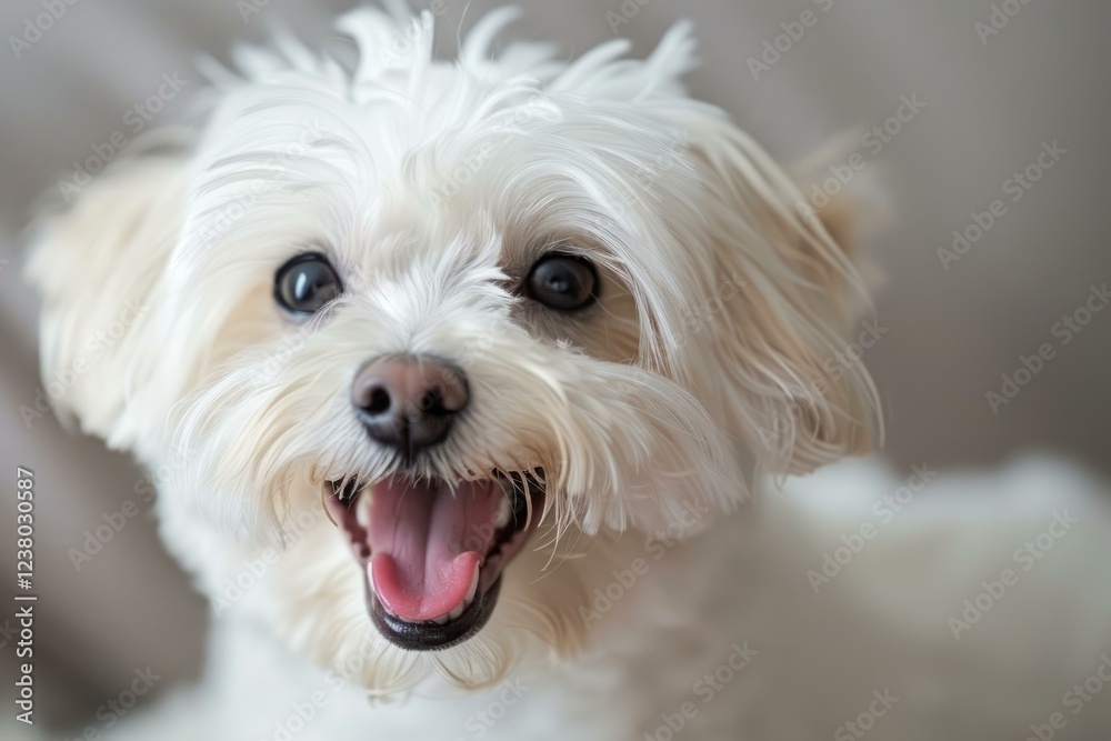Happy white puppy panting with its mouth open and looking forward Happy white puppy panting with its mouth open and looking forward