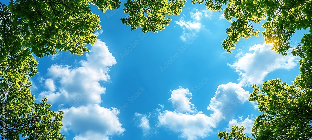 Fototapeta premium Empty blue sky, fluffy clouds in the foreground and green tree branches. high resolution AI Generative image