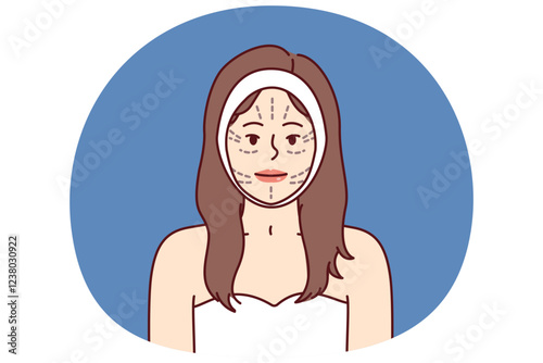Face of woman with lines for plastic surgeon or cosmetologist doing cosmetic lifting procedure. Girl wants to have plastic surgery at surgeon, for facial rejuvenation and skin tightening