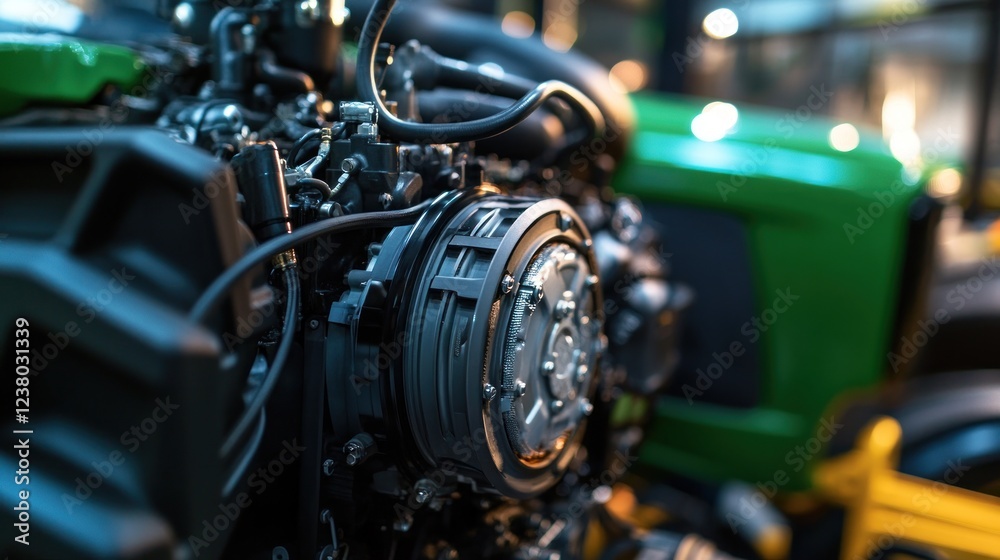 Obraz premium Close-up view of a tractor engine showcasing intricate mechanical components.
