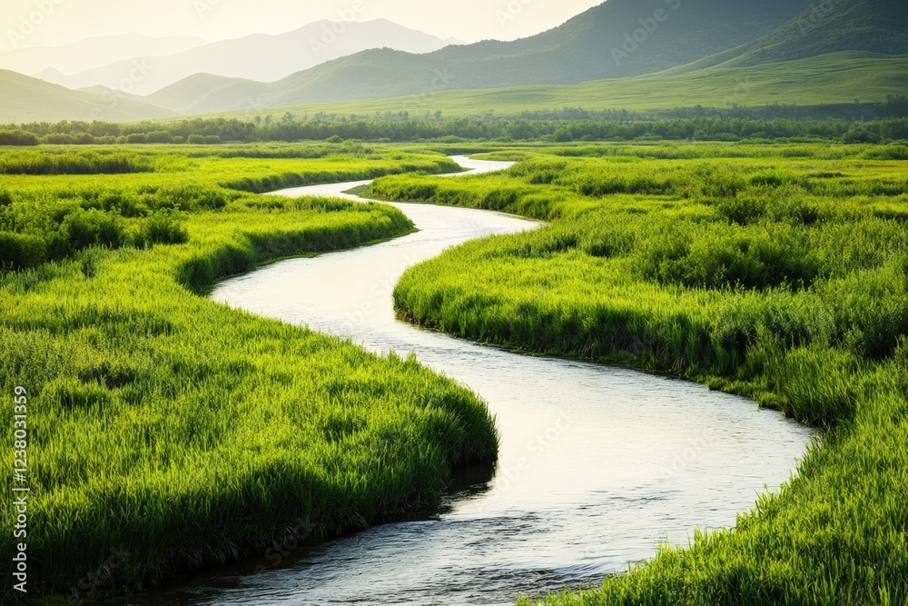 Serene meadow landscape with winding river and lush greenery Serene meadow landscape with winding river and lush greenery