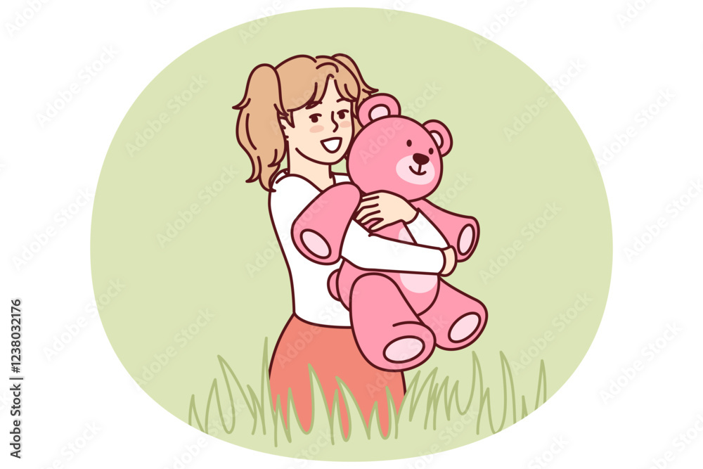 Happy little girl with teddy bear in hands stands in meadow among tall grass and looks at screen. Child with smile hugs beloved toy bear, presented for birthday, during summer walk Happy little girl with teddy bear in hands stands in meadow among tall grass and looks at screen. Child with smile hugs beloved toy bear, presented for birthday, during summer walk