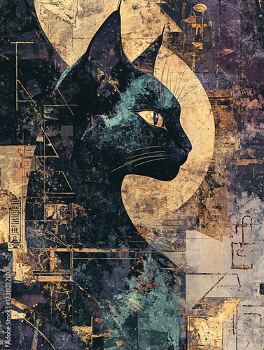 Mystical Bastet Portrait with Golden Aura, Egyptian Cat Goddess Digital Art Wallpaper

