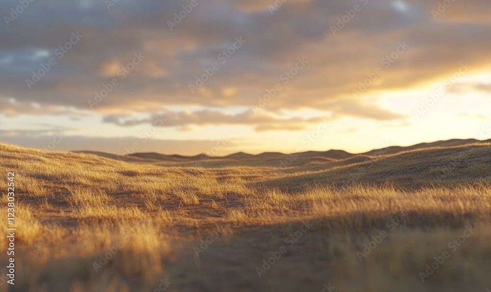 Fototapeta premium Golden grassland under a cloudy sky during serene sunset glow.