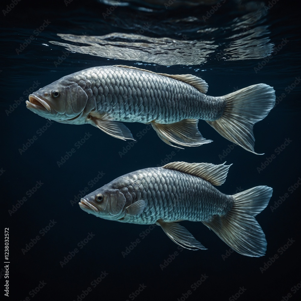 the beside view Threadfin Shad, left side view, white copy space on right, Isolated on dark Background A detailed image of a shimmering fish with flowing fins against a black background.
the beside view Threadfin Shad, left side view, white copy space on right, Isolated on dark Background A detailed image of a shimmering fish with flowing fins against a black background.