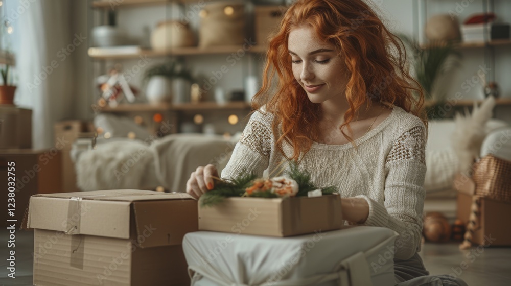 Moving. Young redhaired woman unboxing moving boxes with new home decor in living room, white and beige, industrial design, cute cartoonish designs Moving. Young redhaired woman unboxing moving boxes with new home decor in living room, white and beige, industrial design, cute cartoonish designs