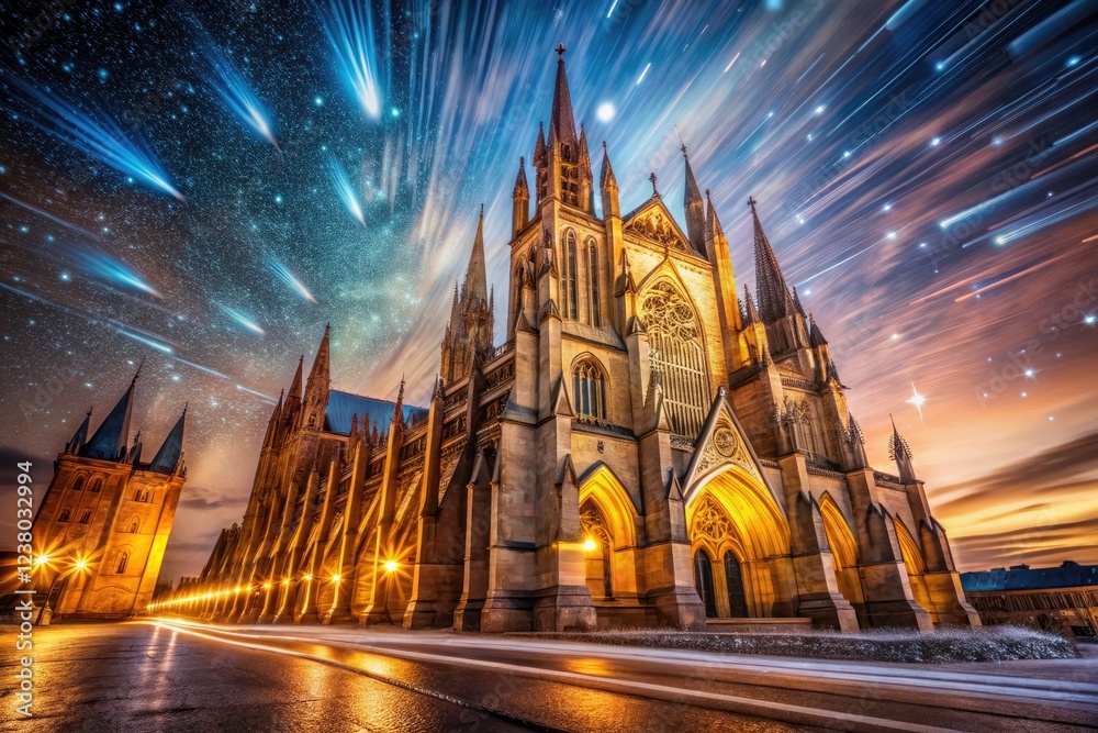 Obraz premium Mystical night scene: a long exposure reveals a star-studded sky above an illuminated gothic cathedral.
